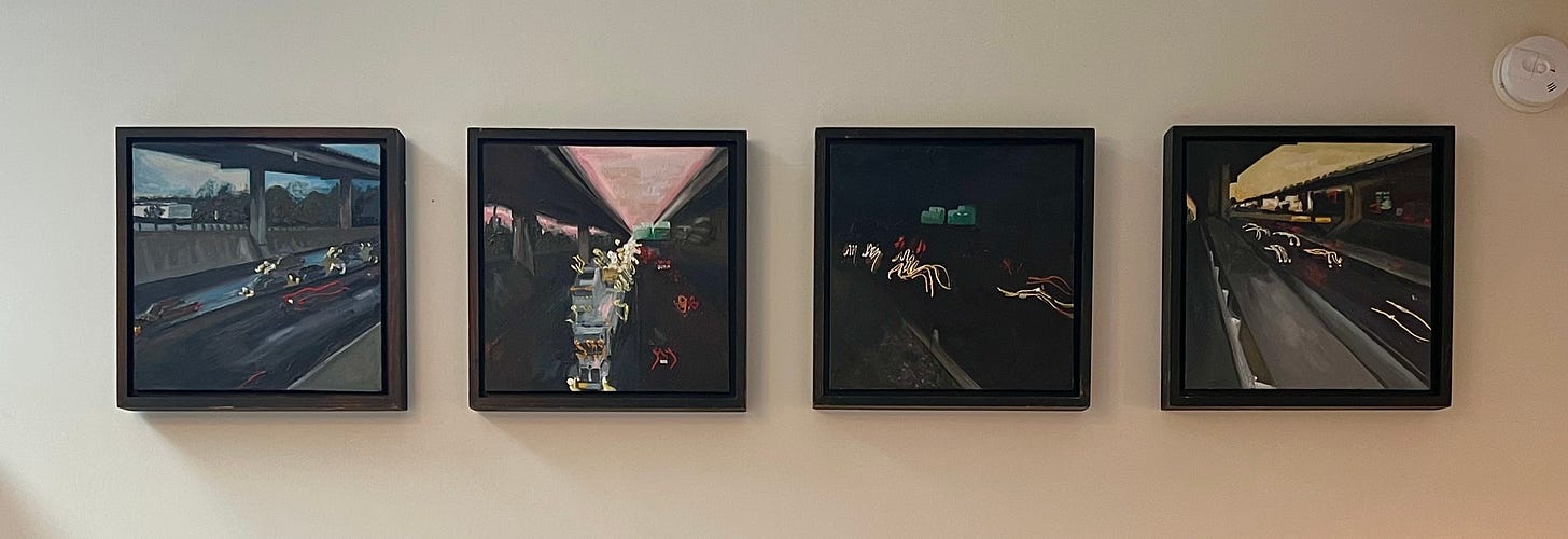 Four paintings of dark freeway