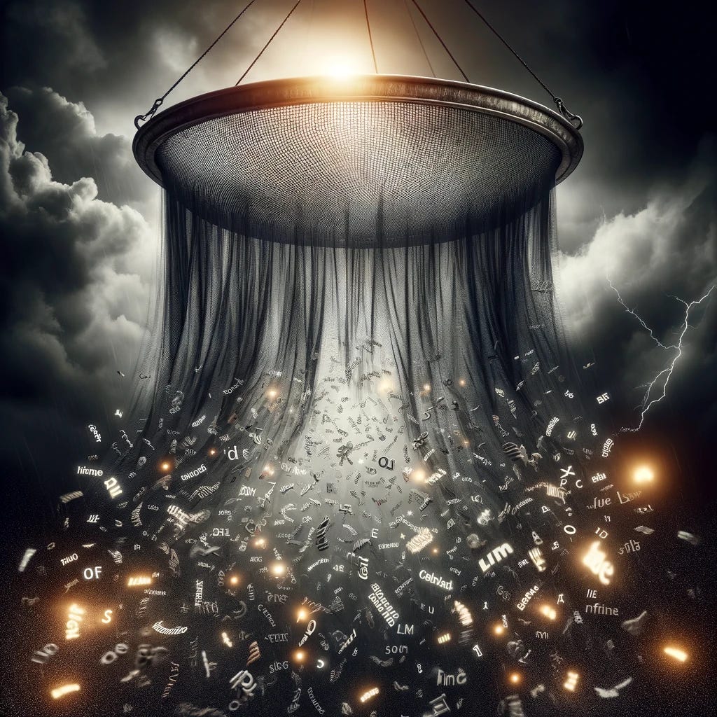 A dramatic and mysterious image of a giant sieve suspended in a dark, stormy sky. The sieve is actively filtering a luminous stream of various words, with a focus on the contrast between the words being caught and those slipping through the mesh. The atmosphere is tense, with the dark clouds illuminated by occasional flashes of lightning, highlighting the sieve's intricate details and the action of words tumbling and scattering in the air. Some words are clearly visible slipping through the sieve's mesh, falling towards the ground, while others are tangled or stuck within. This surreal scene encapsulates a sense of selective understanding or communication, with a touch of enigmatic mystery.
