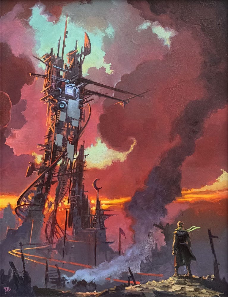 Standing on a ledge in the immediate foreground right, a man in long coat and fluttering scarf stares at a tall structure rising against red tinted clouds. The tower is an abstraction of engineering more complete at the top with sporadic plates of white on the face and twin booms projecting right. The motley tower stands on two legs of metal with beams twisting up and around. A line of burning orange sunset breaks through the ominous cloud cover low in the sky. Another gap above reveals a patch of pale blue sky. A pair of parallel red lines project from the ledge into the open air. They suggest rails curving around a bend as they thread into the open center of the structure. Wind carries smoke white transforming to black as it sweeps upward.