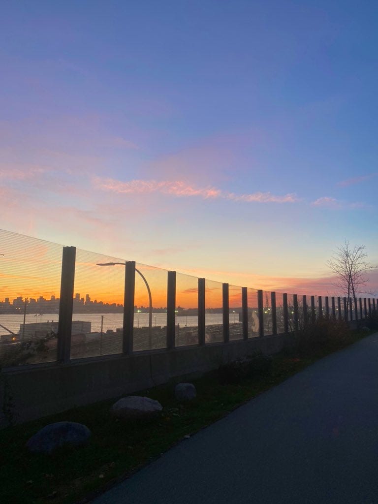 From the Spirit Trail above Low Level Road in North Van, an orange sunset against the Vancouver skyline. The sky above is blue and purple with wisps of pink cloud.