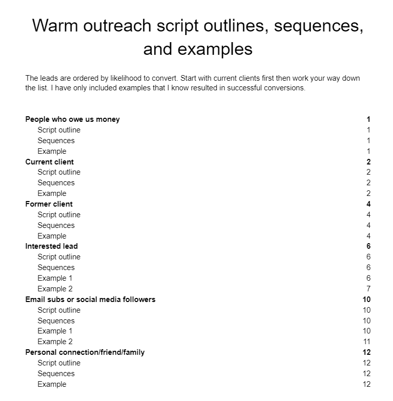 Screenshot from my warm outreach scripts sequences and examples templates by John J D Munn