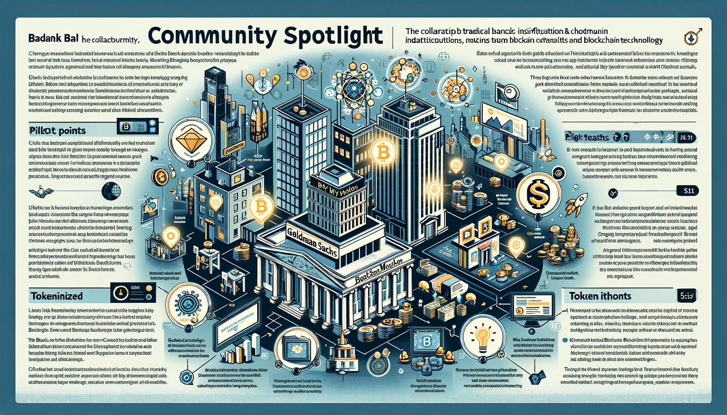 Create an infographic that highlights the key points from the 'Community Spotlight' section, focusing on the collaboration between traditional financial institutions and blockchain technology. The infographic should visually represent the partnership between banks like Goldman Sachs, BNY Mellon, and blockchain technologies, including pilot tests and the tokenization of various assets. Use icons and symbols such as bank buildings, blockchain networks, digital tokens, and a diverse array of assets being tokenized (from private equity to Pokémon cards). The design should clearly articulate the significant trends and actionable insights derived from the articles, emphasizing the evolving landscape of finance and blockchain integration. Include bullet points or short phrases to make the information easily digestible. Ensure the infographic is designed in a 16:9 format, making it perfect for newsletter use.