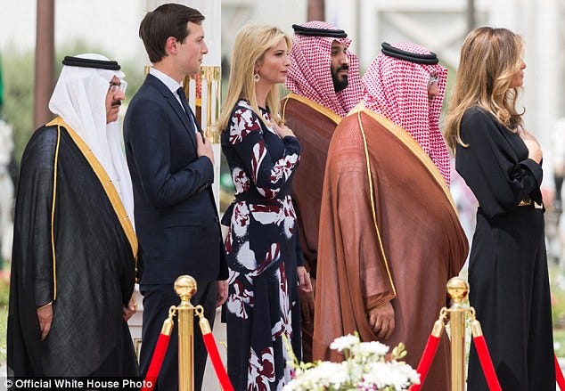 Familyaffair: Jared Kushner and MBS bonded staying up until 4am in the morning during one visit. He stood with the couple as the national anthem was sung when the president and his entourage arrived in Riyadh in May - while his father King Salman stood beside Melania Trump