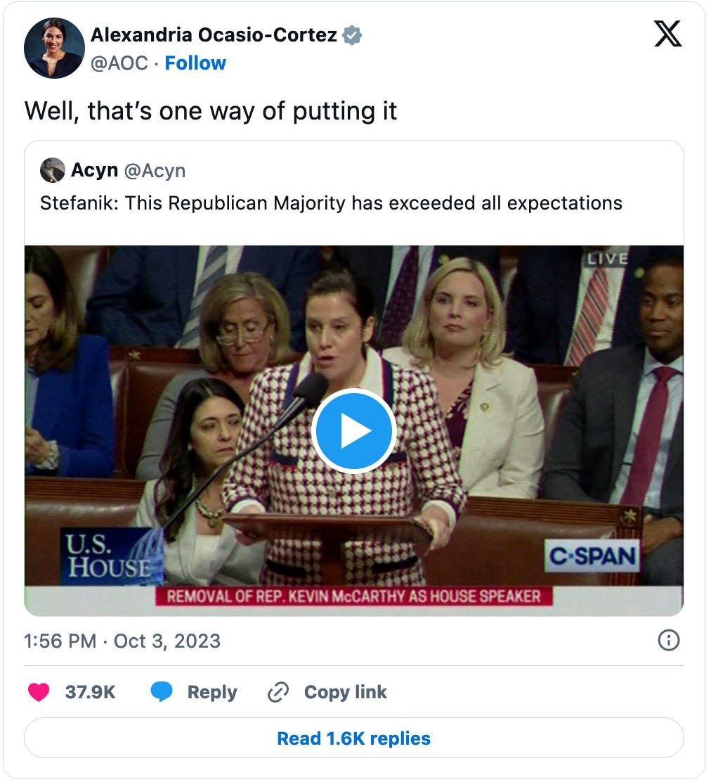 October 3, 2023 quote tweet of a video of Republican Representative Elise Stefanik captioned, "Stefanik: This Republican Majority has exceeded all expectations." Rep. Ocasio-Cortez add the comment, "Well, that's one way of putting it."