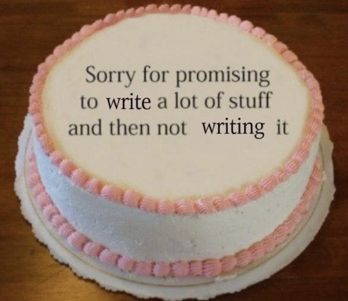 picture of a white cake with pink frosting. cake has the text: "sorry for promising to write a lot of stuff and then not writing it" written in the middle.