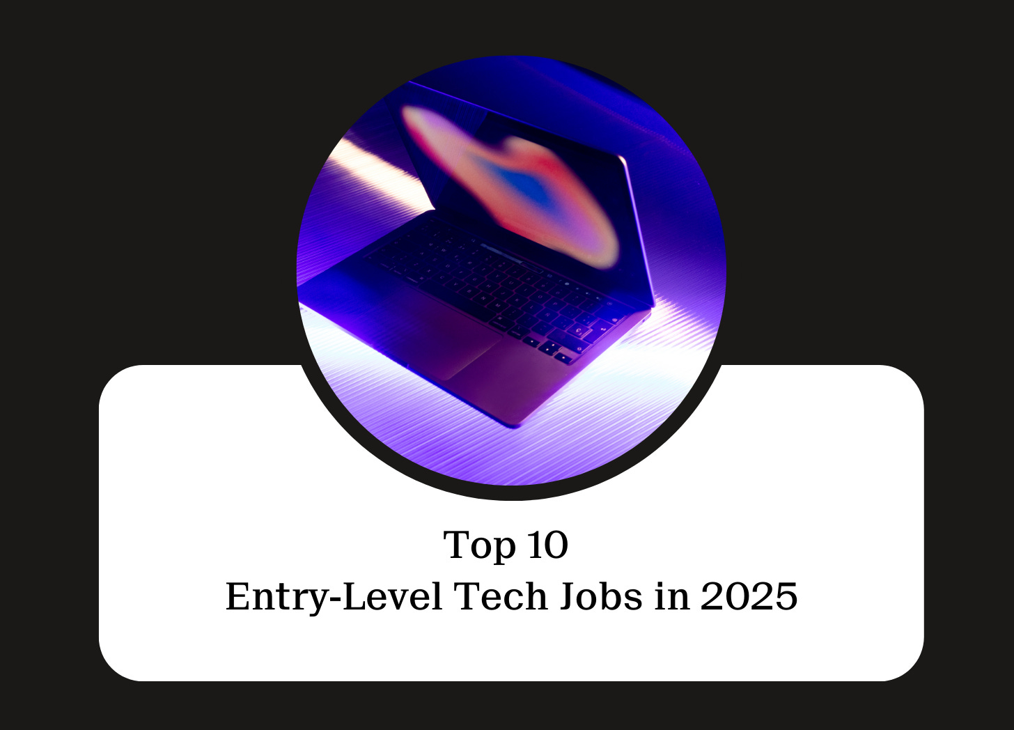 A sleek laptop illuminated by vibrant purple and blue lighting, representing technology and modern tech jobs.