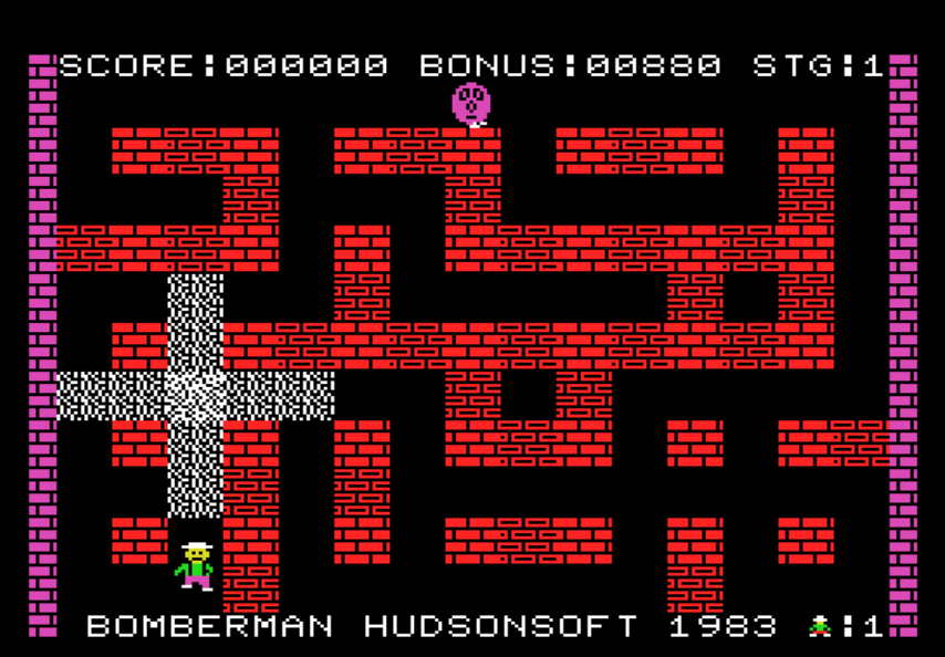 A screenshot from the MSX version of Bomberman, released in 1983 in Japan. Bomberman is a man who drops bombs, seen here avoiding the cross-pattern explosion from a bomb, and up top is a balloon enemy, which would later be known as a Ballom.