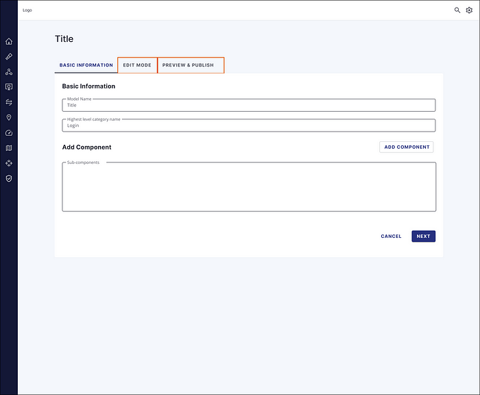 A page with 3 tabs. Basic information is selected, at the two other tables, Edit Mode and Preview & Publish, are highlighted in Orange to showcase that they’re not quite done yet.