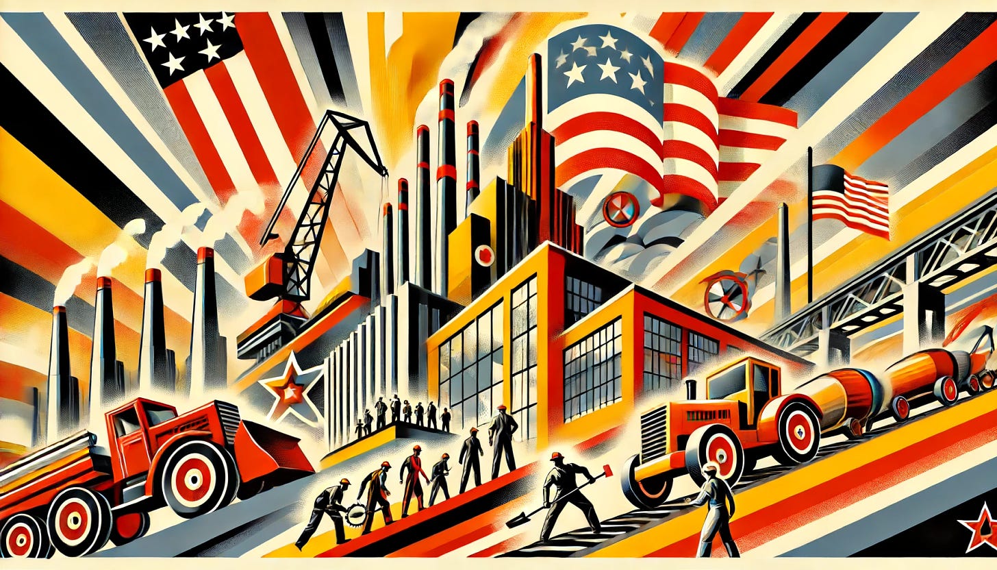 A colorful and action-filled poster in Soviet Art Deco style. The poster features dynamic industrial scenes with factories, construction workers, and machinery. Bold geometric shapes and strong diagonal lines are prominent. The color palette includes vibrant reds, yellows, and oranges, with accents of black and white. In the background, the American flag is subtly integrated, symbolizing the industrial resurgence in the United States. The composition conveys a sense of energy and progress, reflecting the economic themes of the article.