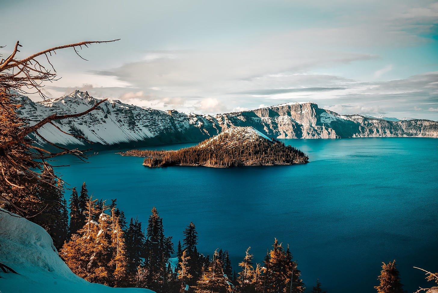 Wallpaper snow, trees, lake, Oregon, USA, crater, Crater Lake, Crater Lake  National Park for mobile and desktop, section пейзажи, resolution 2199x1469  - download