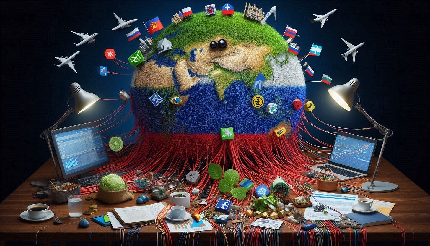 A globe made up of strings sits on a messy desk. Planes target the globe; Russian flags stick out of it. For some reason there is a cabbage on the desk. A globe made up of strings sits on a messy desk. Planes target the globe; Russian flags stick out of it. For some reason there is a cabbage on the desk.