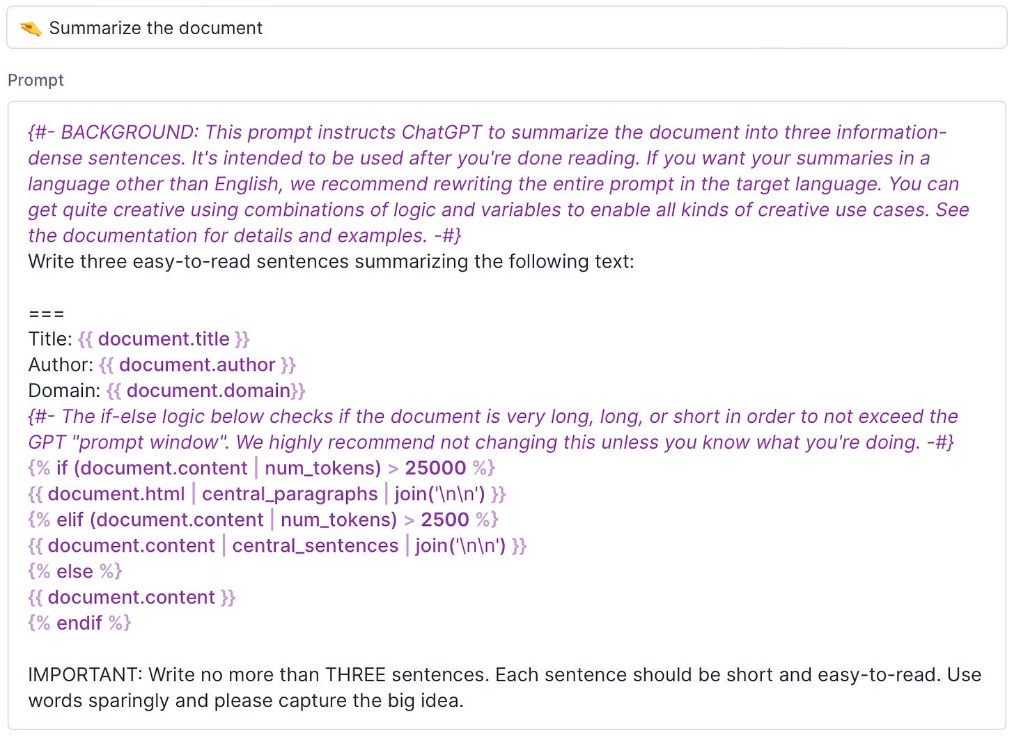 A text box displaying a summary prompt in Readwise Reader. The prompt includes instructions to summarize a document in three easy-to-read sentences. It specifies title, author, and domain placeholders, and includes conditional logic for handling different document lengths.