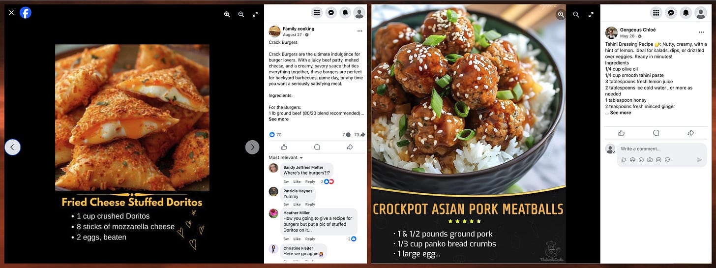 AI-generated images of a platter of “fried cheese stuffed Doritos” accompanied by a recipe for “crack burgers”, and a bowl of “crockpot Asian pork meatballs” accompanied by a recipe for tahini dressing