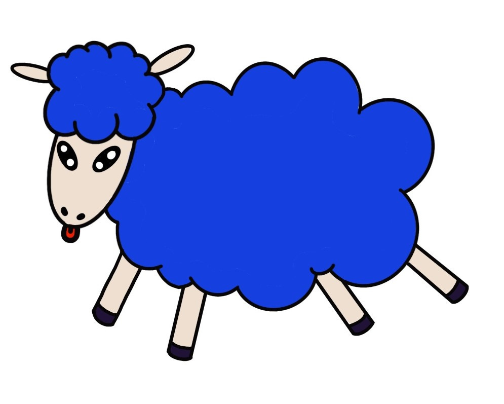 Desenho digital em estilo cartoon de uma ovelha azul - seus pelos parecem uma nuvem e ela está saltando