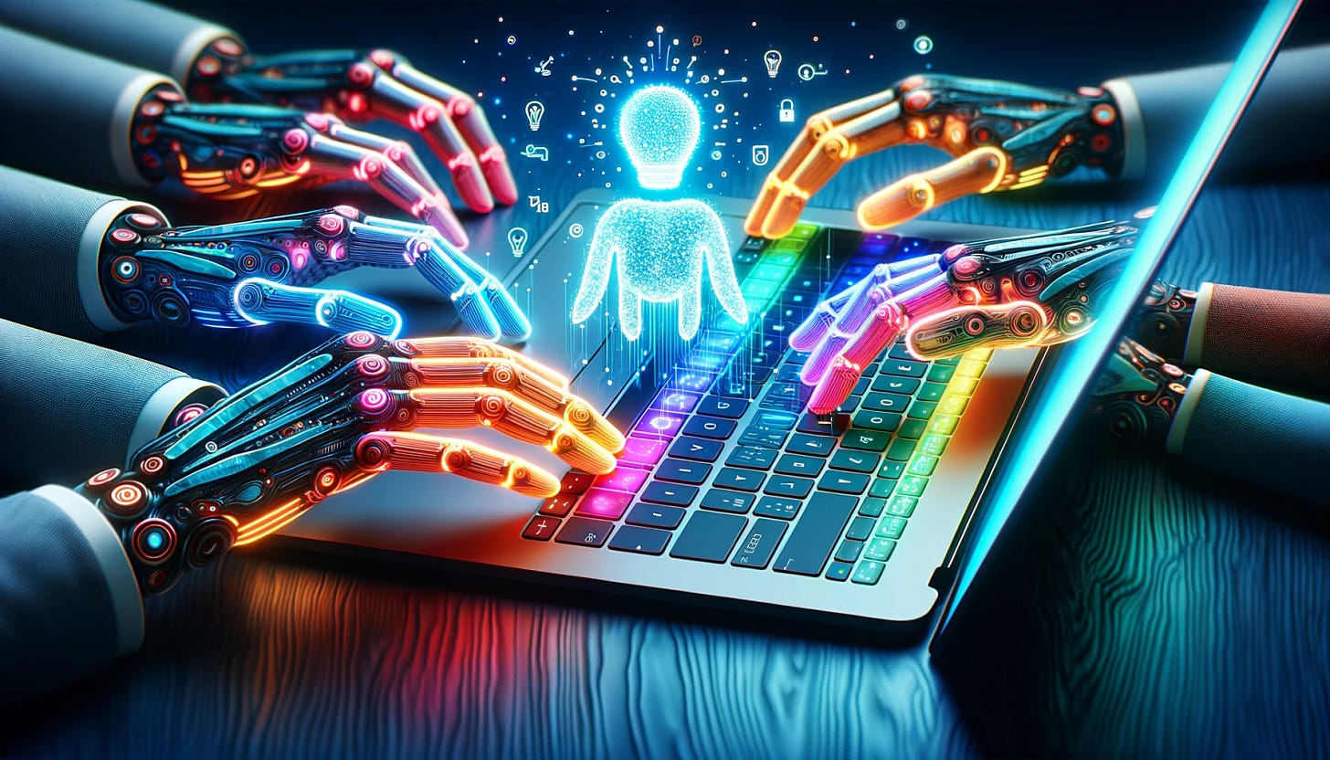 Generated by DALL·E multicolored hands typing on a glowing, intelligent AI laptop keyboard, set against a sleek and modern background. This visual encapsulates the theme of innovation and the collaborative nature of AI in creative processes.