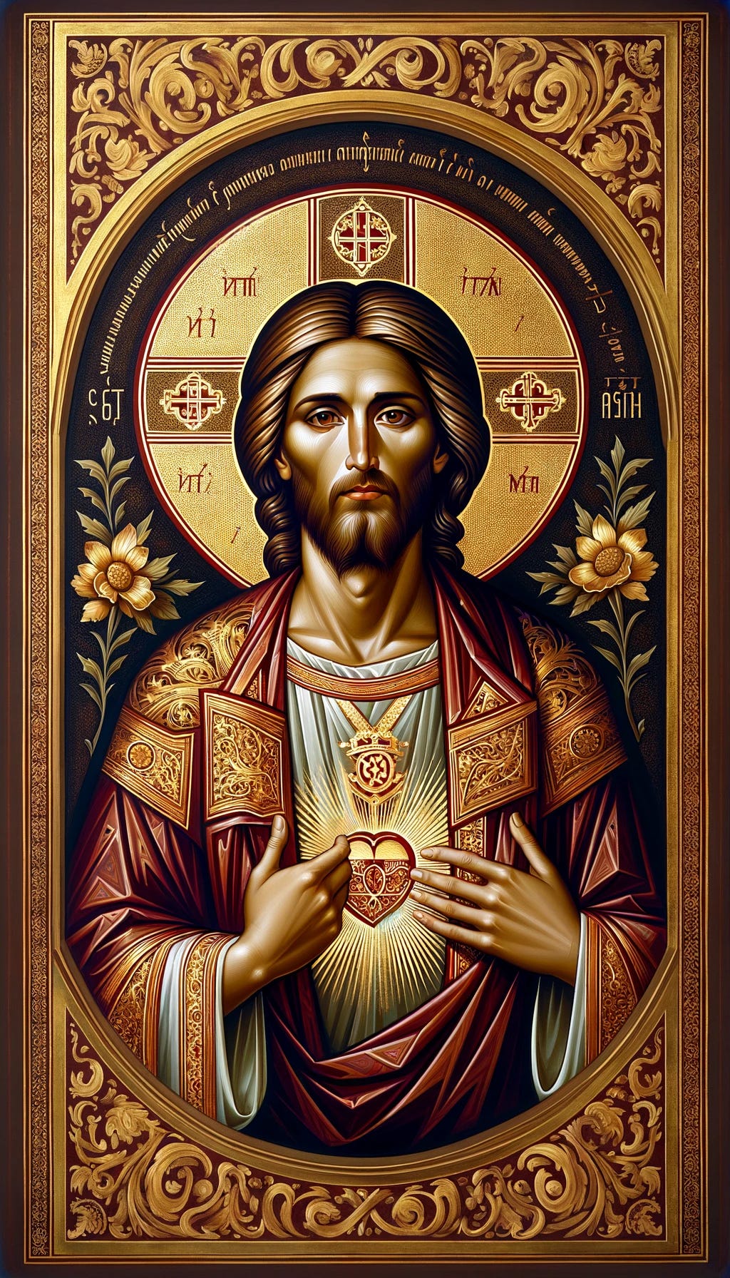 Create a traditional iconographic image depicting the Unio Hypostatica, the unique union of divine and human natures in Jesus Christ. Use classic Byzantine elements with gold leaf accents and a solemn, reverent tone. Jesus should be depicted with a serene and divine expression, wearing robes that symbolize both his divinity and humanity. Surround him with a radiant mandorla to symbolize divine glory. Include traditional iconographic elements such as a prominent halo and stylized facial features. The background should feature a blend of rich, deep colors and intricate patterns to emphasize the sacredness and uniqueness of this union. Ensure the style captures the profound mystery and reverence of the Unio Hypostatica, with no analogies to the earthly or heavenly spheres.