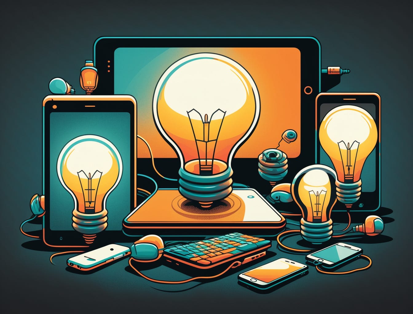 Illustration of multiple devices, tablets, and phones with lightbulbs by John Wayne Hill and Midjourney