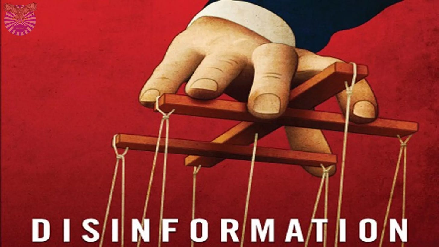 hand on a puppet string, with the word Disinformation at the bottom of the image.