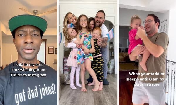 Three images taken as stills from online social media videos. The left image has a man with a baseball hat and a tee shirt that reads, “got dad jokes?”. The Middle image shows a family with four children. The right image shows a dad holding a toddler in a pink dress.