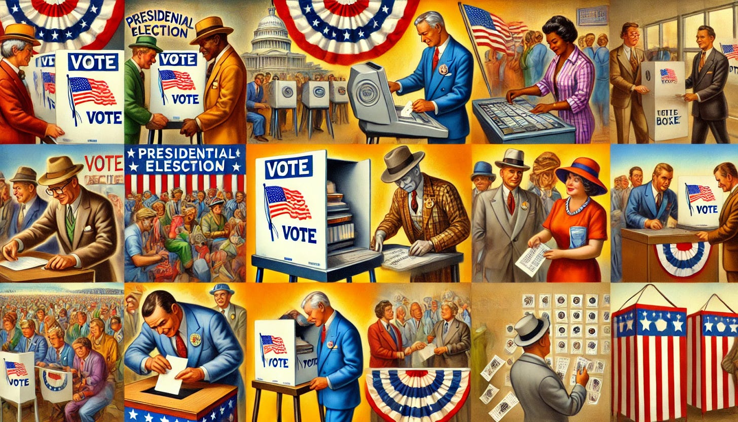 A colorful and mature caricature of a U.S. presidential election, illustrating different voting systems. Show vintage voting machines with hanging chads, people mailing absentee ballots, and others placing envelopes in ballot boxes. Incorporate scenes of diverse citizens participating in the voting process in a lively and exaggerated manner, with vibrant colors and dynamic expressions, set in a busy, bustling election environment.