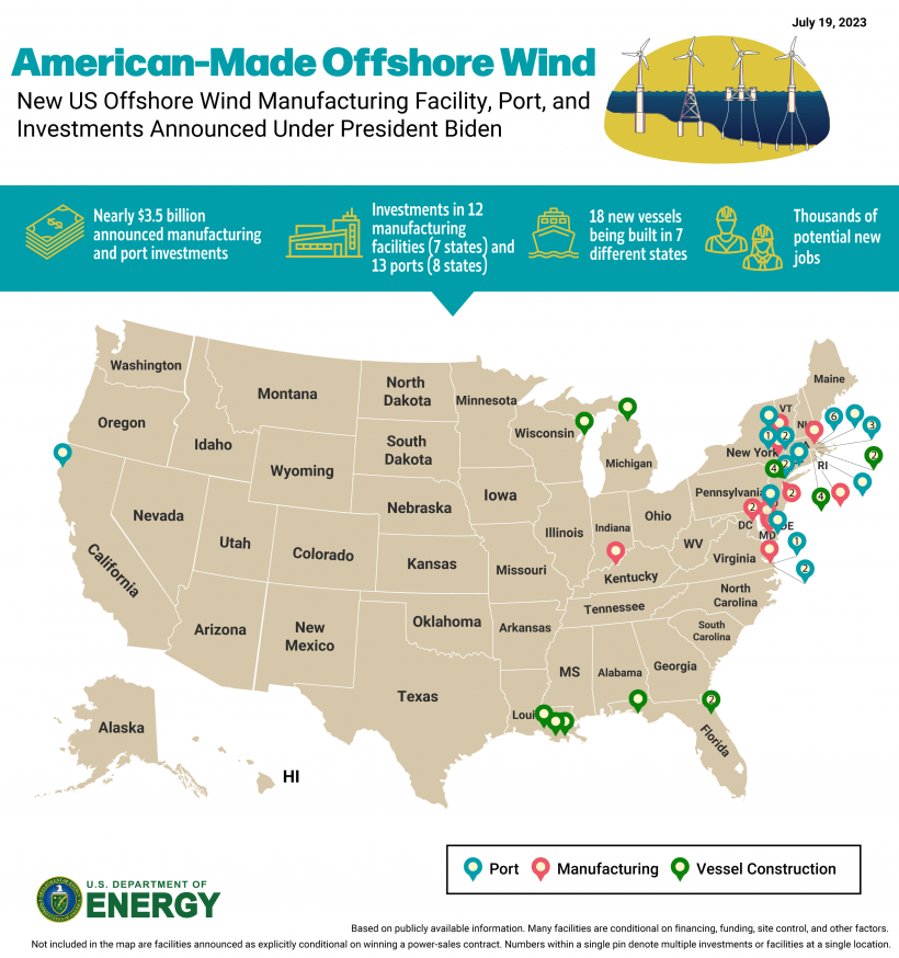 MAP: New U.S. offshore wind manufacturing facility, port, and investments announced under President Biden. 