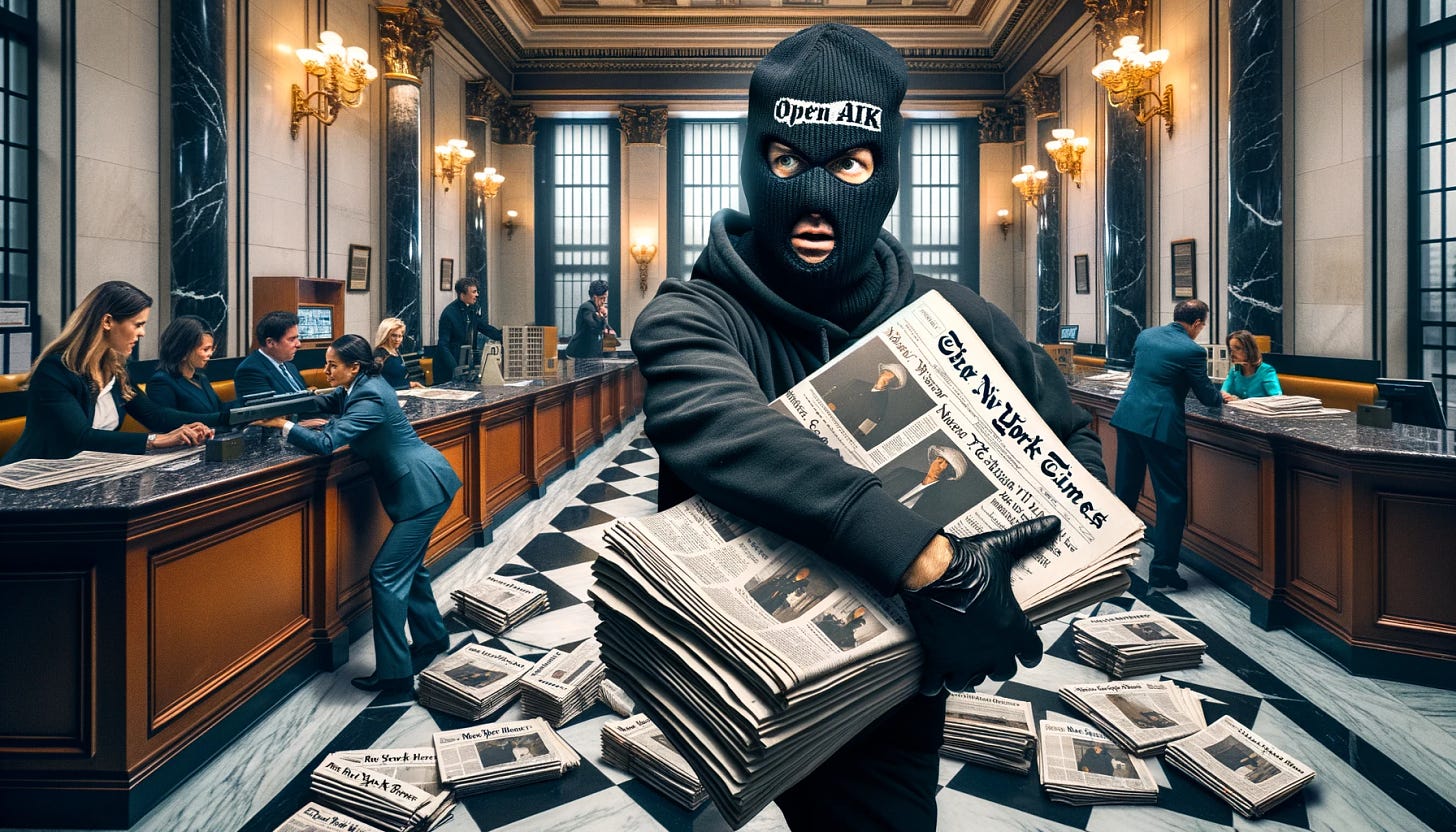 A dramatic scene of a bank heist in progress, similar to previous images but in a wider format. Set in a large, opulent bank lobby with marble floors and classical architecture, the thief, wearing a black ski mask with 'Open AI' prominently displayed, is in the act of stealing numerous copies of the New York Times. The thief is dressed in black gloves and dark clothing. The scene captures the moment with bank customers and staff expressing surprise and confusion. The newspapers are clearly labeled 'New York Times'. There is an atmosphere of tension but no violence or weapons are shown.