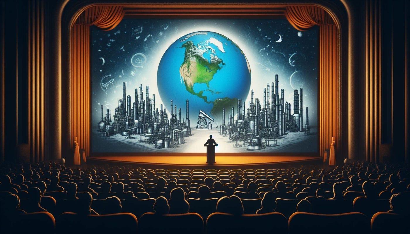 An illustration of a cinema screen in an old-fashioned movie theater. On the screen is an image of the Earth encircled by oil refineries. On the stage, a solitary figure stands in silhouette at a lectern, with an audience seated before them.