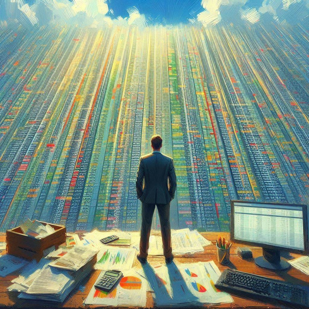 A man overseeing a gigantic spreadsheet that spans miles in front of him, impressionism