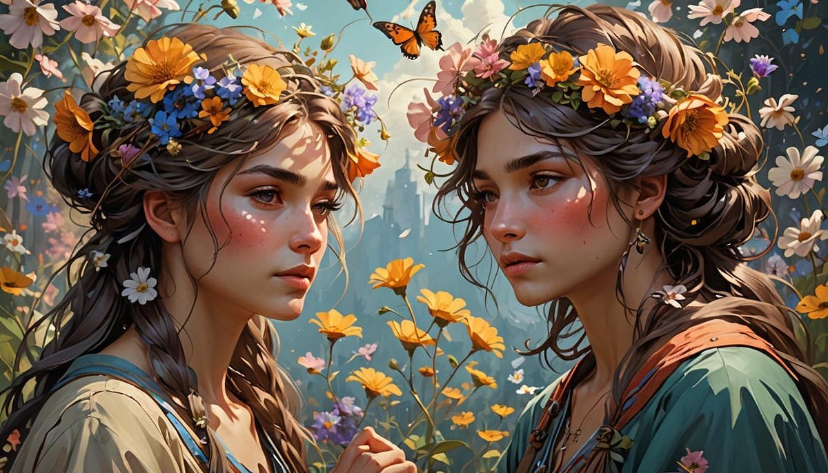 Two lady friends amongst flowers and butterflies