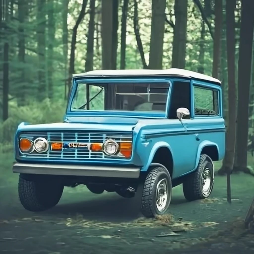 Classic Ford Bronco light blue color square design parked in forest