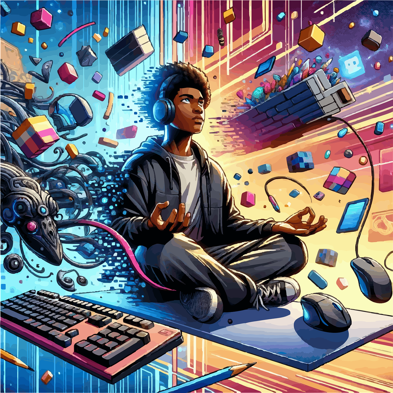 A teenager sits cross legged in a background that shows chaotic images of tech gadgets