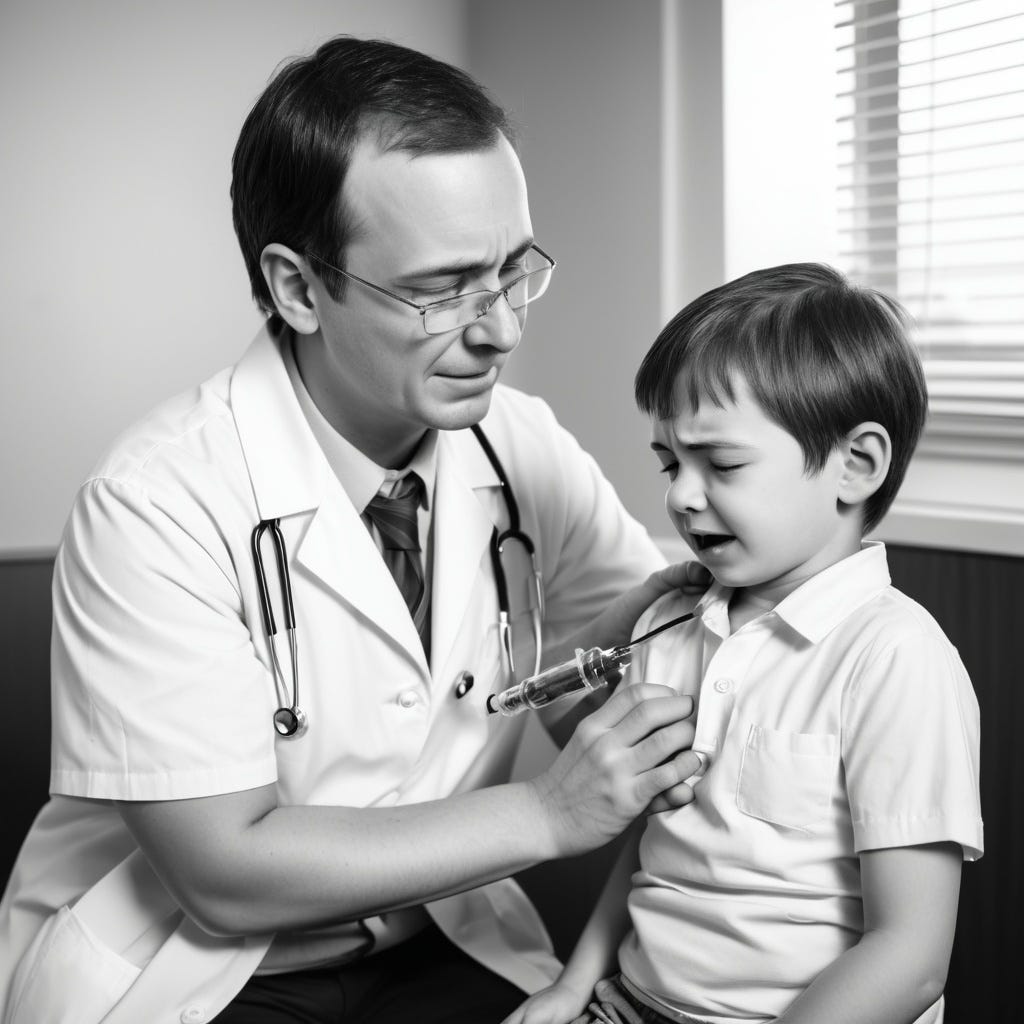 AI picture of 50s doctor giving shot to crying boy