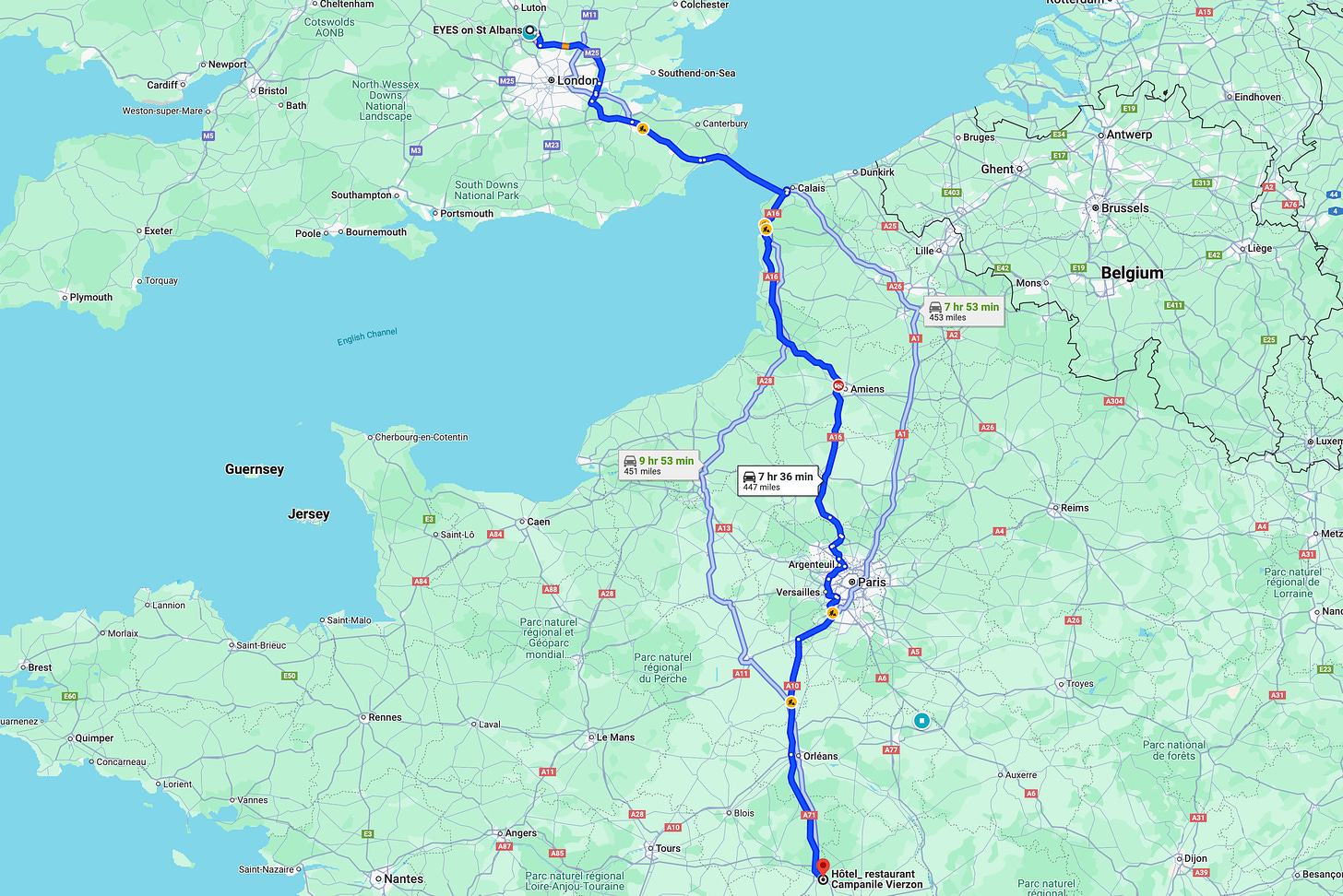 Route from Eyes on St Albans to Vierzon, France