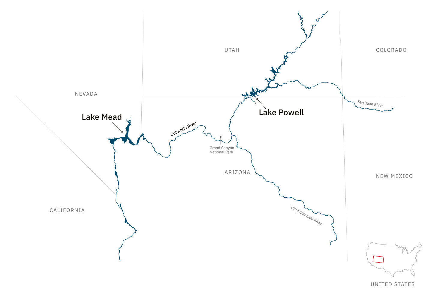 Regional map of the Colorado River from Lake Mead to Lake Powell