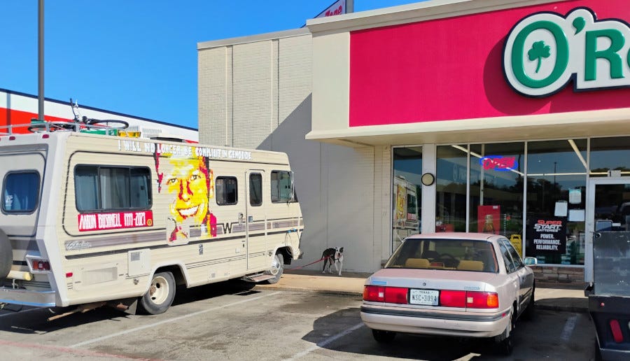 An image of the RV with the mural of Aaron Bushnell An image of the RV with the mural of Aaron Bushnell