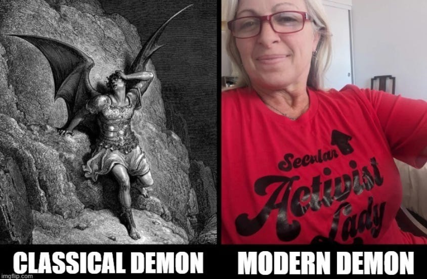 Image of old painting of winged creature with caption "classical demon" next to picture of Jeanne, the secular activist lady, with caption "modern demon"