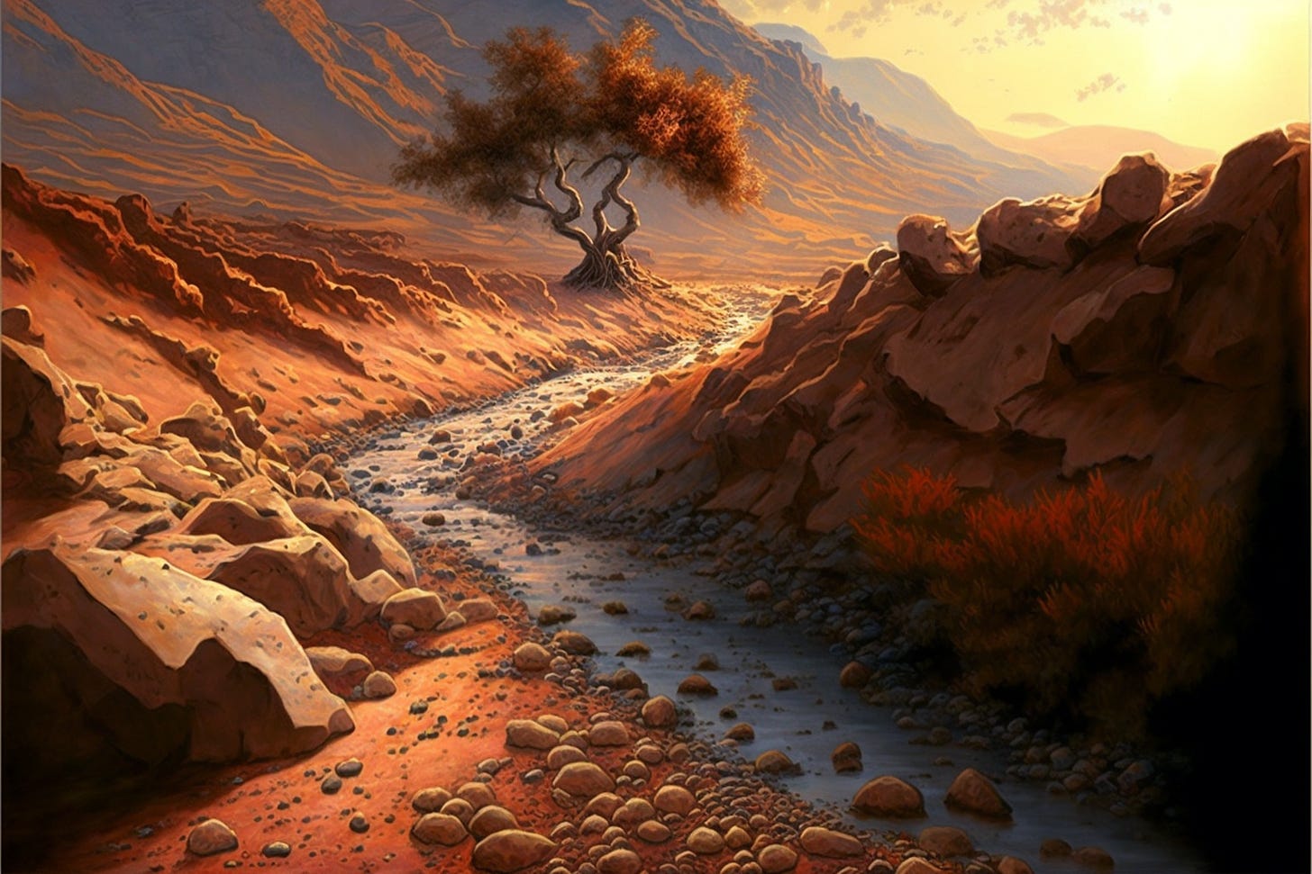 An arid, rocky, mountainous landscape featuring a dried up riverbed
