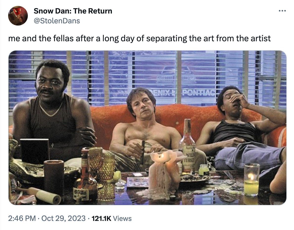 screenshot of this tweet: https://twitter.com/StolenDans/status/1718700779240907102, which has a screengrab of yaphet kotto, harvey keital, and richard pryor sitting on a couch looking exhausted in paul schrader's "blue collar" with the text: me and the fellas after a long day of separating the art from the artist"