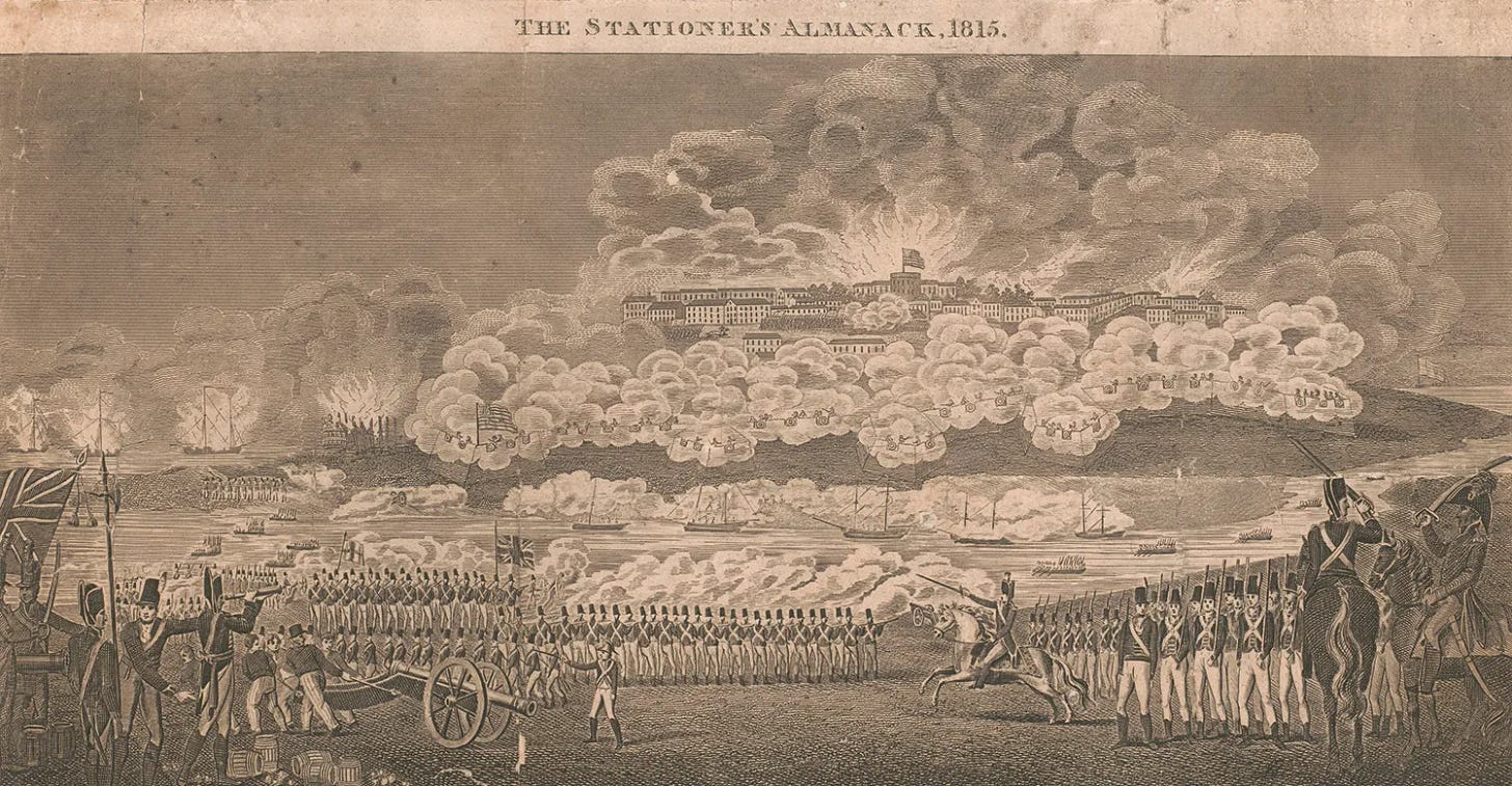 An 1815 engraving from The Stationer’s Almanack depicting the burning of Washington, D.C., during the War of 1812. Soldiers, cannons, and British forces are seen in the foreground, while thick smoke and flames engulf the U.S. Capitol and surrounding buildings in the background. An 1815 engraving from The Stationer’s Almanack depicting the burning of Washington, D.C., during the War of 1812. Soldiers, cannons, and British forces are seen in the foreground, while thick smoke and flames engulf the U.S. Capitol and surrounding buildings in the background.