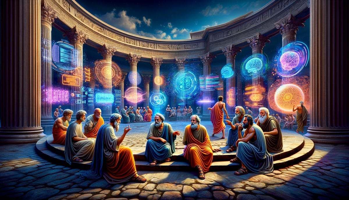 A digitally enhanced artistic depiction of ancient Greek philosophers in a circular agora, surrounded by holographic projections of modern technology, symbolizing the collision of classical democratic ideals with the complexities of AI-driven digital spaces. A digitally enhanced artistic depiction of ancient Greek philosophers in a circular agora, surrounded by holographic projections of modern technology, symbolizing the collision of classical democratic ideals with the complexities of AI-driven digital spaces.