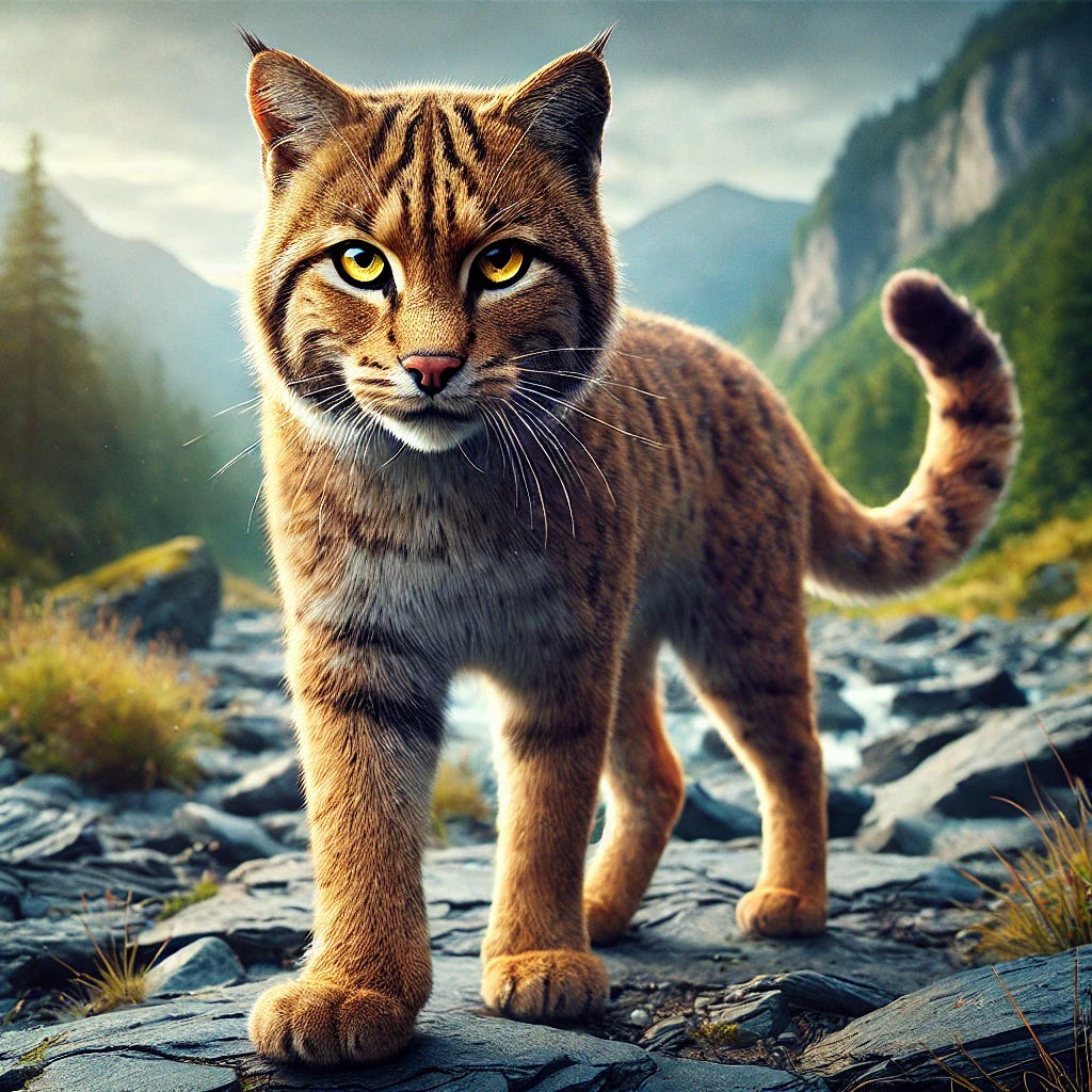 A fierce wildcat in its natural habitat, standing tall on a rocky terrain with a piercing gaze. The wildcat has a muscular build, sharp claws, and a sleek coat with a mix of orange, brown, and black fur. Its eyes are bright yellow, showing intensity and focus, with its tail flicking in the air. The background shows a lush forest with some scattered trees and mountains in the distance, capturing the wild and untamed nature of this magnificent creature.