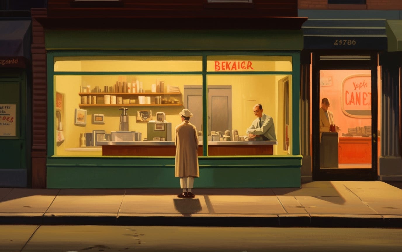 A store silene in crowded street side, seller sit behind counter, in style of Edward Hopper, paiting. --ar 8:5