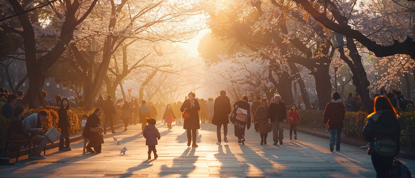 A walkway is filled with people strolling beneath blooming cherry blossom trees, bathed in golden sunlight that filters through the branches, casting long shadows on the ground.