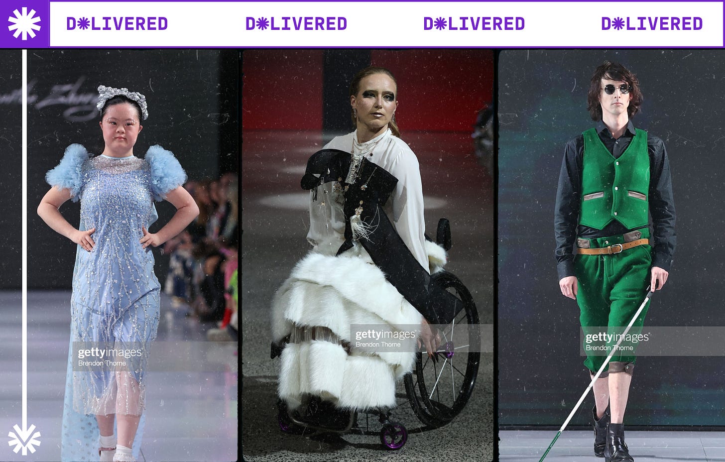 Image description: A model with Down syndrome wears a light blue sparkling dress, a model in a wheelchair wears a black and white top with a long fur white skirt, and a low-vision model with a cane wear a black shirt with a green vest and green trousers. These models featured on the NZ Fashion Week runway.