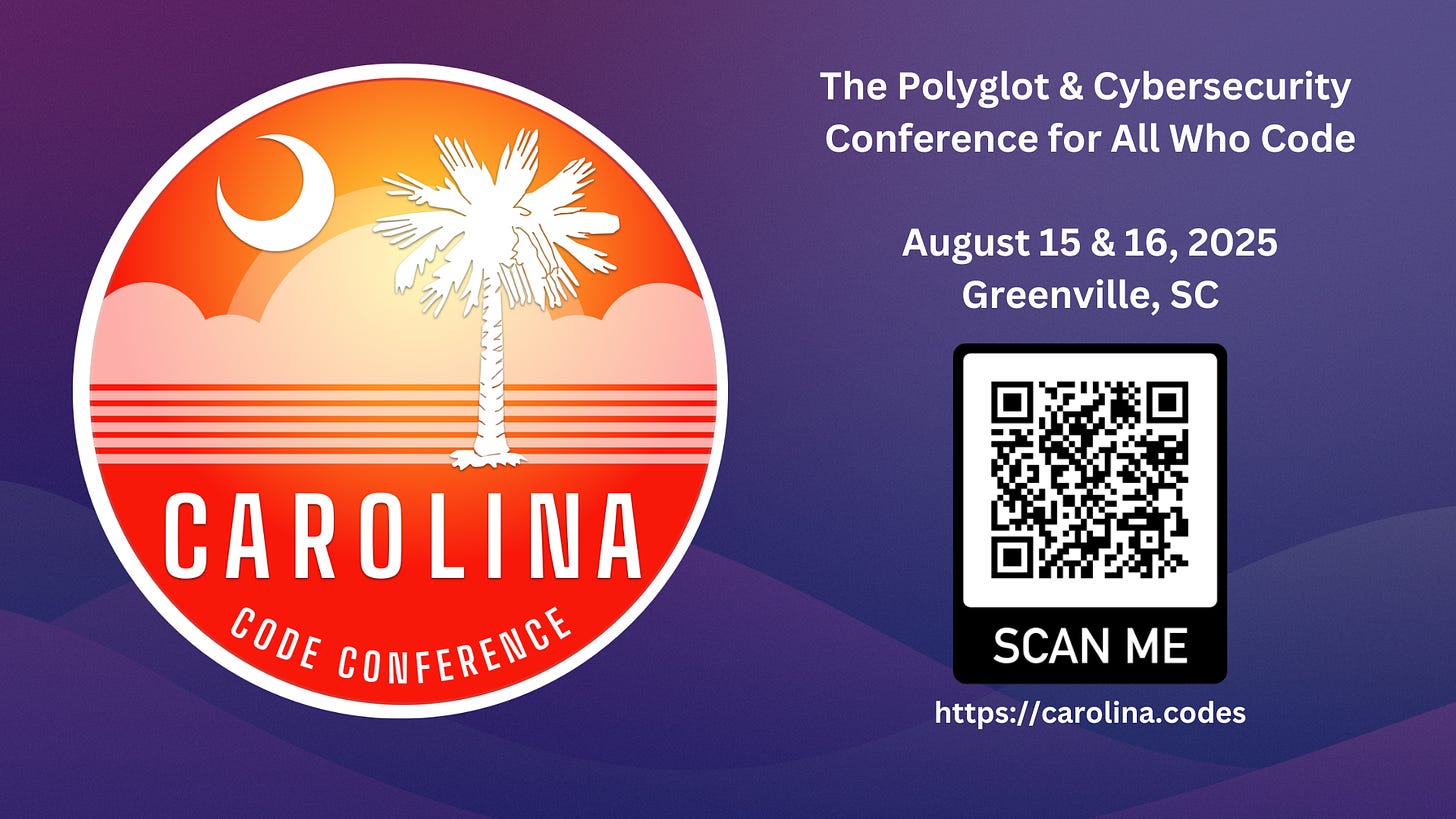 A promo graphic and QR code for the 2025 Carolina Code Conference