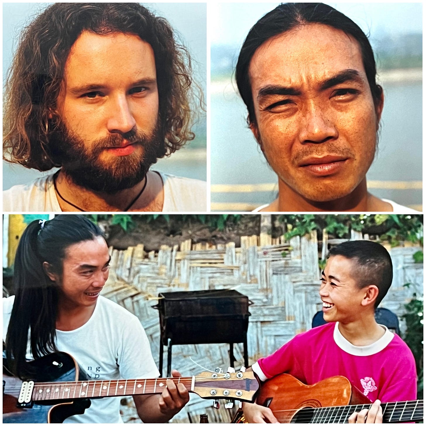 Three images are arranged in a montage. All of them colour on the top left is a younger version of myself, looking a little like a happy Jim Morrison (played by Val Kilmer) on the right hand side at the top is an image of my Thai friend Té, and at the bottom a photo of Té teaching a smiling kid with a guitar. Té plays an electro acoustic and the boy a straight acoustic. The instruments may have been picked up over in Myanmar, a short hop across the border. I at one time assisted a musical instrument salesperson by driving across to shop for reasonable quality, cheap musical instruments which may have ended up in Germany.