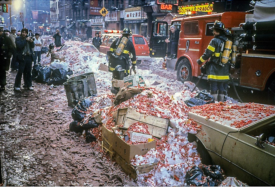 1982 photo of firemen arriving in chaotic scene during Chinese New Year