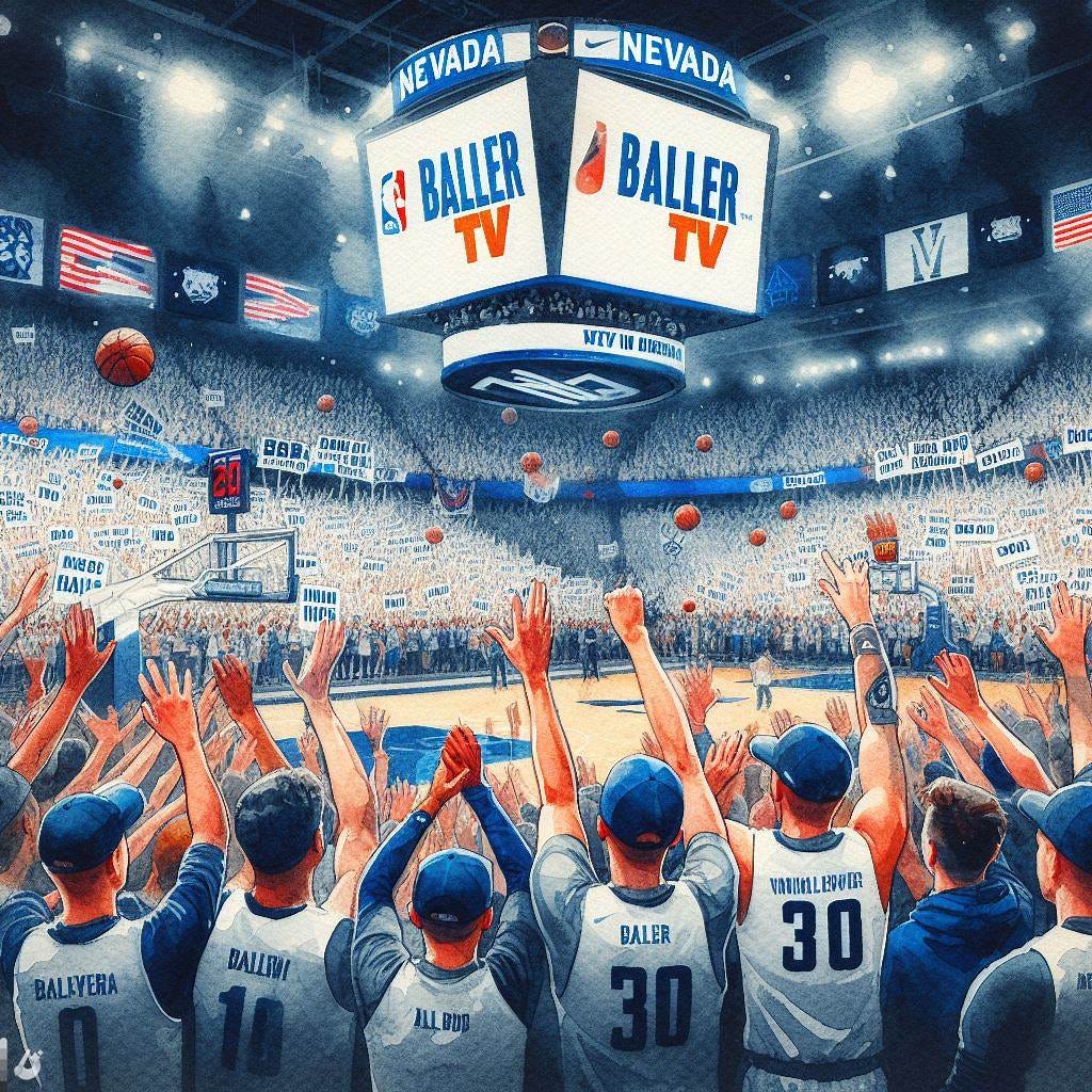 A Nevada basketball game with thousands of fans holding up signs that say "Baller TV", watercolor