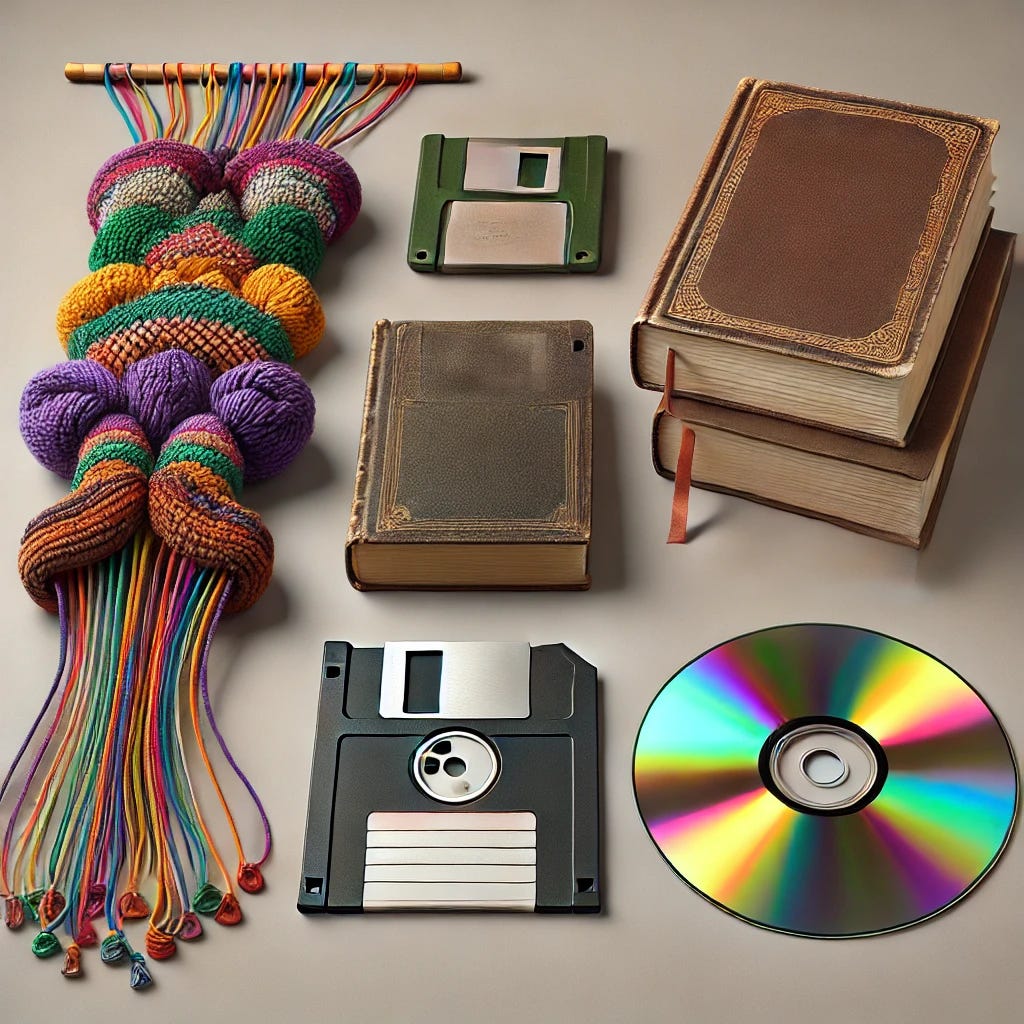 An image featuring four distinct data storage devices from different eras: an ancient Incan quipu, a modern book, a vintage floppy disk, and an optical disk (CD/DVD). The quipu consists of colorful knotted strings, the book is a hardcover with visible pages, the floppy disk is a classic 3.5-inch design, and the optical disk is shiny with a reflective surface. The items are arranged side by side, showing the progression of information storage. The background remains neutral to focus attention on the details of each object.