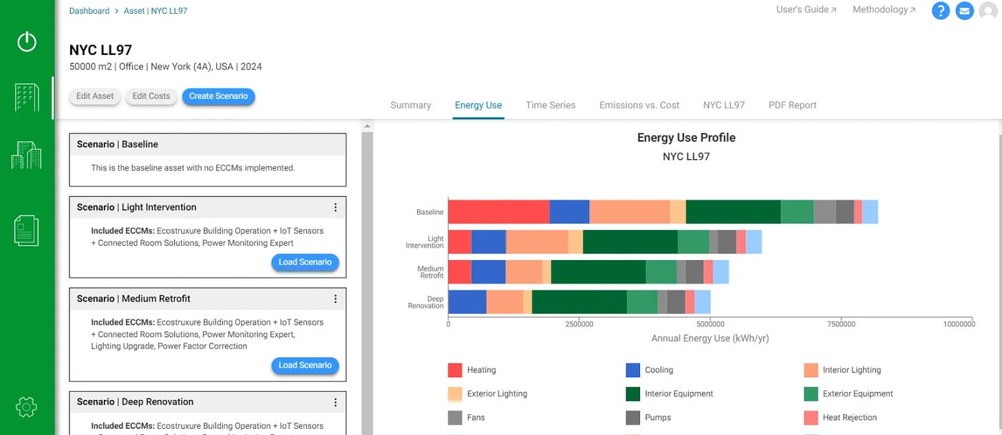 A demo of how Schneider Electric&#x27;s Building Decarbonization Calculator generates estimates of energy use for an office building in New York City.